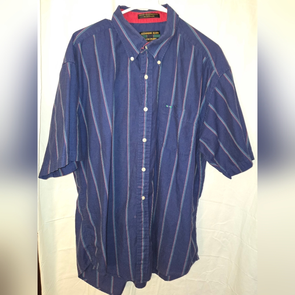 Alexander Julian Colours Men's Blue Striped Shirt, XL, 100% Cotton.